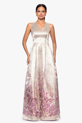 "Belle" Print Jacquard V-Neck Floor Length Dress