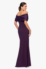 "Michelle" Scuba Crepe Off the Shouler Taffeta Trim Floor Length Dress