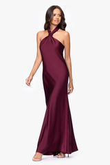 Petite "Esmerelda" Satin Double Knotted Halter Neck Floor Length Dress
