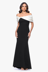 "Michelle" Scuba Crepe Off the Shouler Taffeta Trim Floor Length Dress