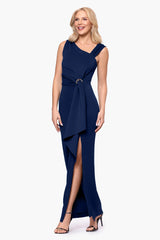 "Lucy" Techno Scuba Asymmtrical Neck Floor Length Dress