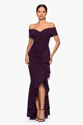 Petite "Aspyn" Scuba Crepe Off the Shoulder Chiffon Ruffle Floor Length Dress