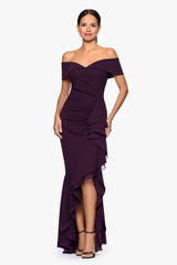 "Aspyn" Scuba Crepe Off the Shoulder Chiffon Ruffle Floor Length Dress