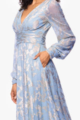 "Melanie" Foil Knit V-Neck Long Sleeve Floor Length Dress