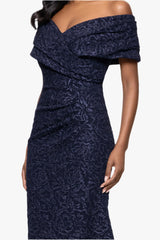Petite "Dolly" Jacquard Off the Shoulder Floor Length Dress