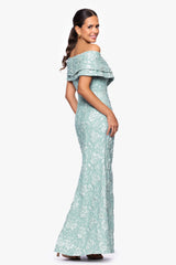 Petite "April" Jacquard Off the Shoulder Floor Length Dress