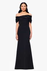 "Michelle" Scuba Crepe Off the Shouler Taffeta Trim Floor Length Dress