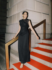 "Dayna" Floor Length Sleeveless Sheer Matte Jersey Lack Neck Rouched Side Dress
