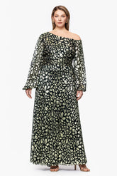 Plus "Malia" Metallic Off the Shoulder Long Sleeve Floor Length Dress