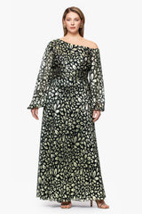 Plus "Malia" Metallic Off the Shoulder Long Sleeve Floor Length Dress
