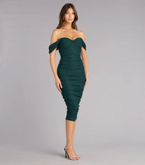Glam Obsessed Glitter Off-The-Shoulder Midi Dress
