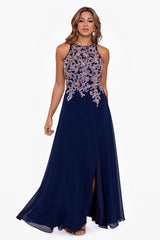 "Katie" Long Chiffon Beaded Halter Dress