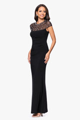 Petite "Nina" Jersey Knit Embellished Illusion Neckline