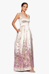 "Belle" Print Jacquard V-Neck Floor Length Dress
