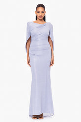 "Elaine" Long Metallic Crinkle Cowl Neck Back Dress