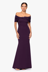 "Michelle" Scuba Crepe Off the Shouler Taffeta Trim Floor Length Dress