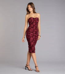 Velvet Bloom Flocked Floral Strapless Midi Dress