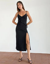 Jacy Ruffle Midi Dress in Mesh Black
