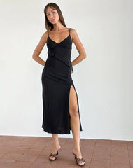 Jacy Ruffle Midi Dress in Mesh Black