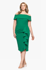 Plus "Kourtney" Scuba Crepe Off the Shoulder Ruffle Midi Dress
