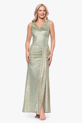 "Stassi" Metallic Knit Cowl Neck Floor Length Dress