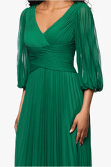 Petite "Saraya" Sheer Matte Jersey 3/4 Sleeve V-Neck Floor Length Dress