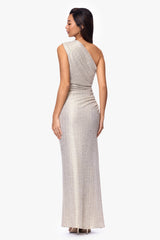 "Avril" Metallic One Shoulder Rouched Floor Length Dress