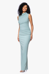 "Katalina" Scuba Crepe Cap Sleeve Mock Neck Floor Length Dress