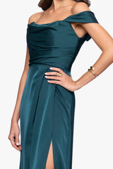 "Heather" Satin Off the Shoulder Floor Length Dress