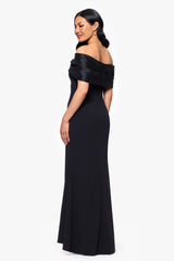 Petite "Michelle" Scuba Crepe Off the Shouler Taffeta Trim Floor Length Dress