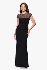 Petite "Nina" Jersey Knit Embellished Illusion Neckline