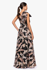 Petite "Josanne" Organza Brocade One Shoulder Floor Length Dress