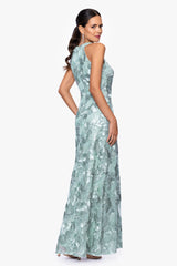 Petite "Fabiana" Halter Neck Soutache and Sequin Floor Length Dress