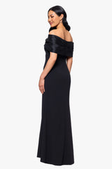 "Michelle" Scuba Crepe Off the Shouler Taffeta Trim Floor Length Dress