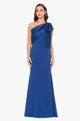 "Carmela" Long Scuba Crepe Dress with Satin Bow