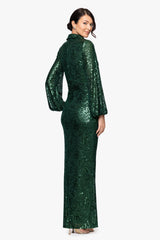 "Yulissa" Sequin Collared Long Sleeve Floor Length Dress