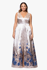 Plus "Belle" Print Jacquard V-Neck Floor Length Dress