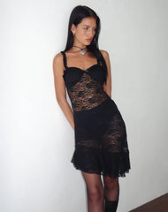 Bernadette Unlined Asymmetric Midi Dress in Black Lace