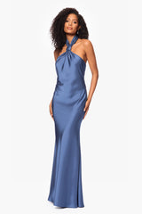 Petite "Esmerelda" Satin Double Knotted Halter Neck Floor Length Dress