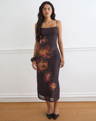 Nori Midi Dress in Brown with Orange Vibrant Lotus Print