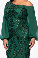 Plus "Josephina" Sequin Long Mesh Sleeves Drop Shoulder Knee Length Dress