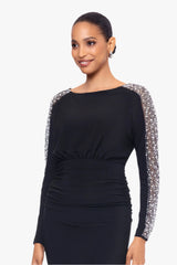 Petite "Ria" Jersey Knit Beaded Long Sleeve Floor Length Dress
