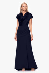 "Rinna" Scuba Crepe and Satin Cowl Neck Floor Length Dress