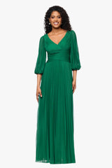 Petite "Saraya" Sheer Matte Jersey 3/4 Sleeve V-Neck Floor Length Dress