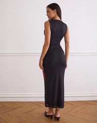 Fayola Maxi Dress In Black with Burgundy Watercolour Flower