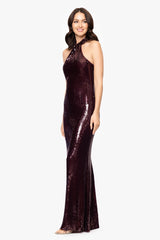 Petite "Lita" Sequin Halter Knot Neck Floor Length Dress