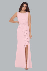Petite "Christine" Scuba Crepe Ruffled Bow Gown