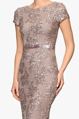 Petite "Keisha" Sequin Embellished Short Sleeve Floor Length Dress