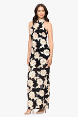 Petite "Camielle" 3D Flower Soutache Mock Neck Floor Length Dress