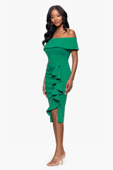 "Kourtney" Scuba Crepe Off the Shoulder Ruffle Midi Dress
